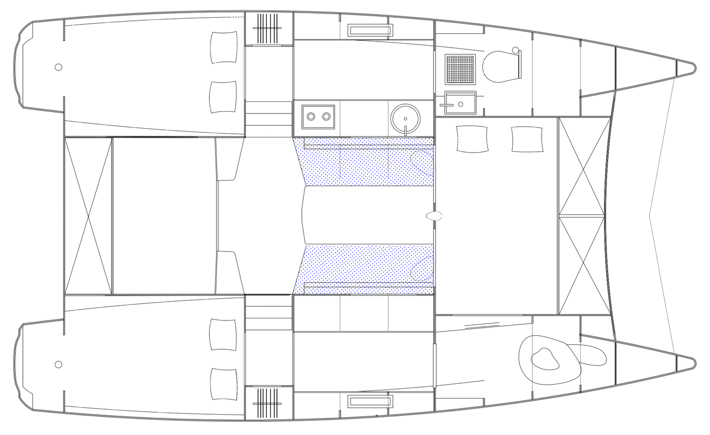 Plan d'aménagement du Yagga 25 : six couchages permanents, carré central, cuisine et cabinet de toilette avec douche, sur 7,65 mètres