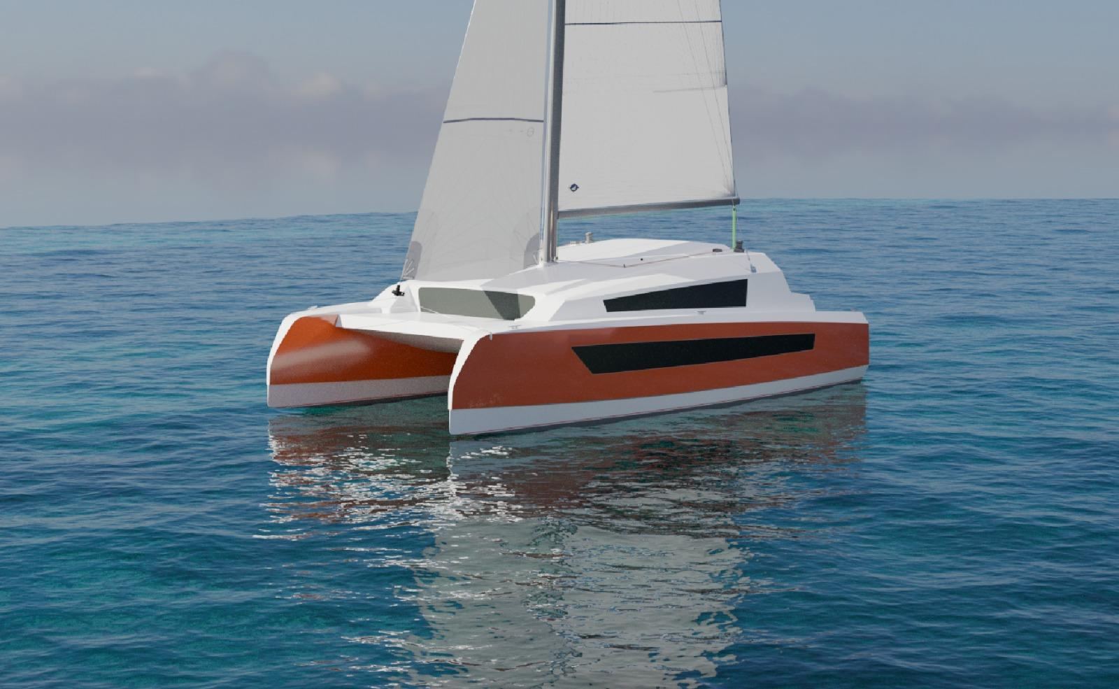 Van Cat 25, catamaran de croisière côtière de 7,65 mètres, version voile, au mouillage