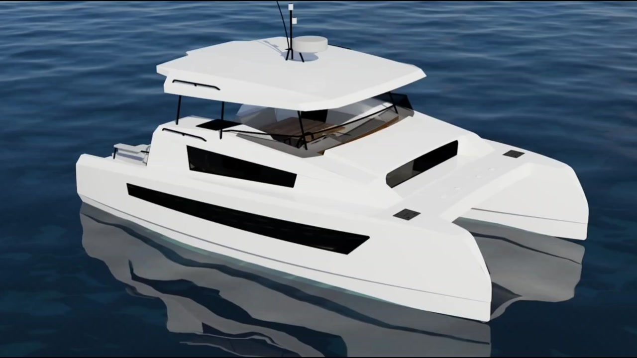 Yagga 25, catamaran de croisière côtière de 7,65 mètres, en version voile et en version moteur, au mouillage